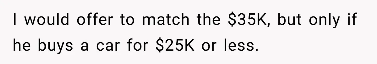 Father Struggles With Whether To Keep Promise To Son After He Saved $35k For A Car I would offer to match the $35K, but only if he buys a car for $25K or less.