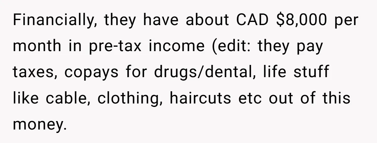 His Parents Want an $11K-a-Month Luxury Senior Home. He Can Help, But He Doesn’t Want to Fund It Forever Financially, they have about CAD $8,000 per month in pre-tax income (edit: they pay taxes, copays for drugs/dental, life stuff like cable, clothing, haircuts etc out of this money.