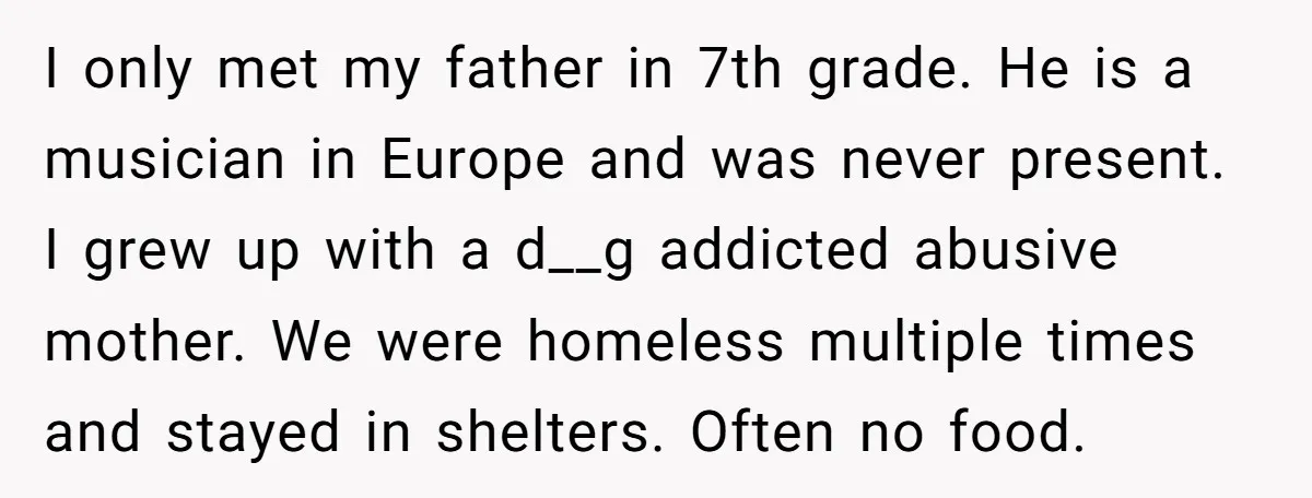 The Father Who Was Never There Came Back for $2,000. She Said No, and Didn’t Look Back I only met my father in 7th grade. He is a musician in Europe and was never present. I grew up with a d__g addicted abusive mother. We were homeless...