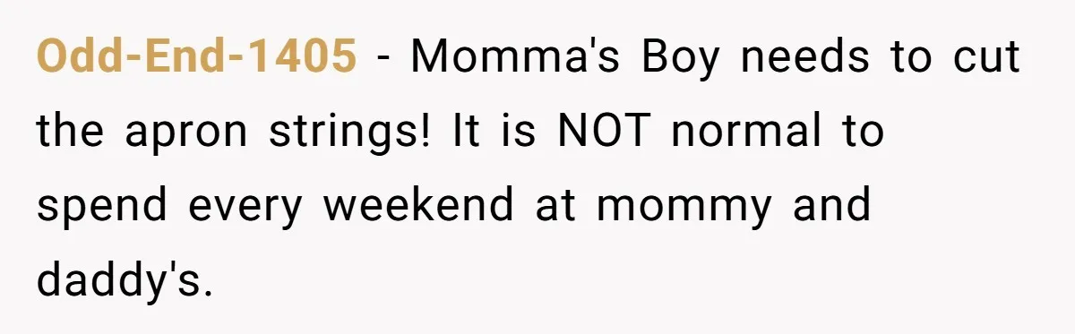 She Tells Her Partner She’s Done With The Every-Weekend Visits To His Parents, But It Doesn’t Go Well Odd-End-1405 − Momma's Boy needs to cut the apron strings! It is NOT normal to spend every weekend at mommy and daddy's.