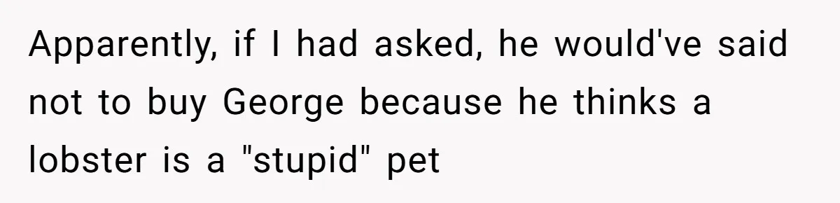 Woman Adds Pet Lobster To Her Exotic Collection, Boyfriend Disapproves And Threatens To Cook Apparently, if I had asked, he would've said not to buy George because he thinks a lobster is a "stupid" pet