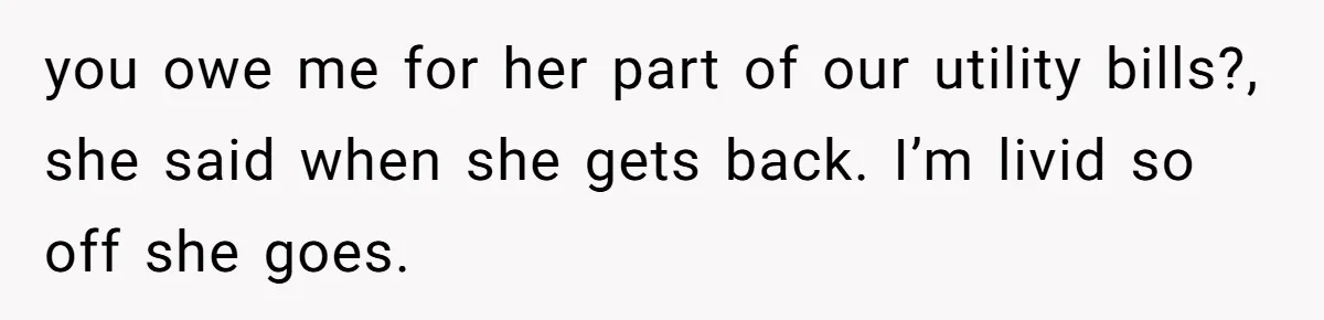 Flatmate Owes Bills, Still Goes On Vacation, Then Begs For Help During Emergency On Return you owe me for her part of our utility bills?, she said when she gets back. I’m livid so off she goes.