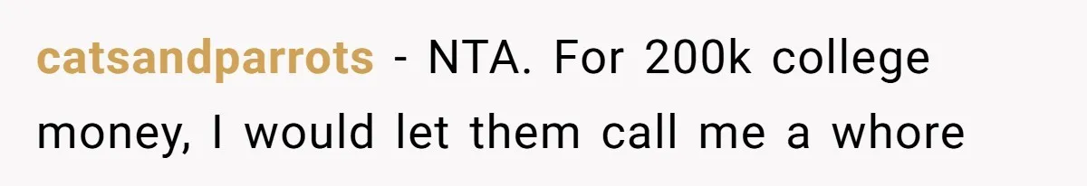 Mother Claims Betrayal After Daughter Accepts A Two Hundred Thousand Dollar College Fund From Estranged In Laws catsandparrots − NTA. For 200k college money, I would let them call me a whore