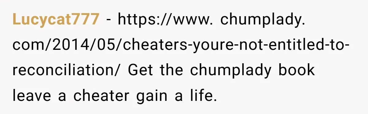 Man Discovers His Wife’s Affair And Struggles With Whether To Divorce After Betrayal Lucycat777 − https://www. chumplady. com/2014/05/cheaters-youre-not-entitled-to-reconciliation/ Get the chumplady book leave a cheater gain a life.