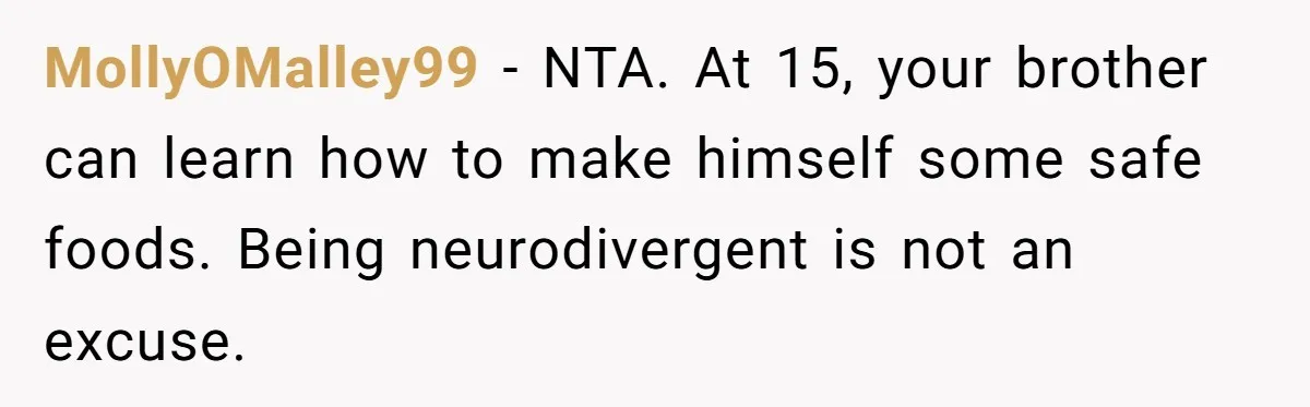 She Kept Cooking for Her Brother, Even Though He Refused to Eat It, and Finally Said Enough MollyOMalley99 − NTA. At 15, your brother can learn how to make himself some safe foods. Being neurodivergent is not an excuse.