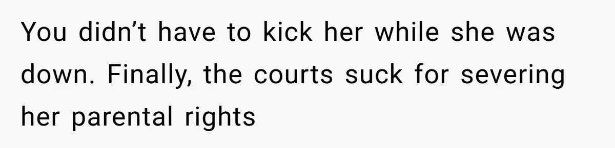 You didn’t have to kick her while she was down. Finally, the courts suck for severing her parental rights