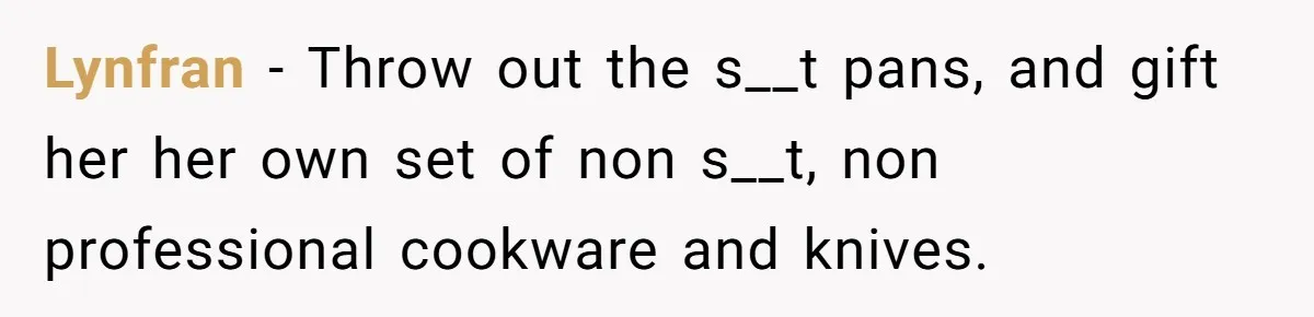 Chef Makes Girlfriend Use "S__t Pans" After She Keep Damaging His Expensive Kitchen Tools Lynfran − Throw out the s__t pans, and gift her her own set of non s__t, non professional cookware and knives.