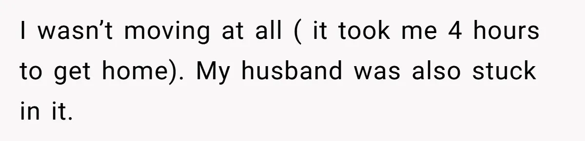 After Her Sister Refused To Help In An Emergency, She Calls Her Selfish And Cancels The Engagement Dinner I wasn’t moving at all ( it took me 4 hours to get home). My husband was also stuck in it.