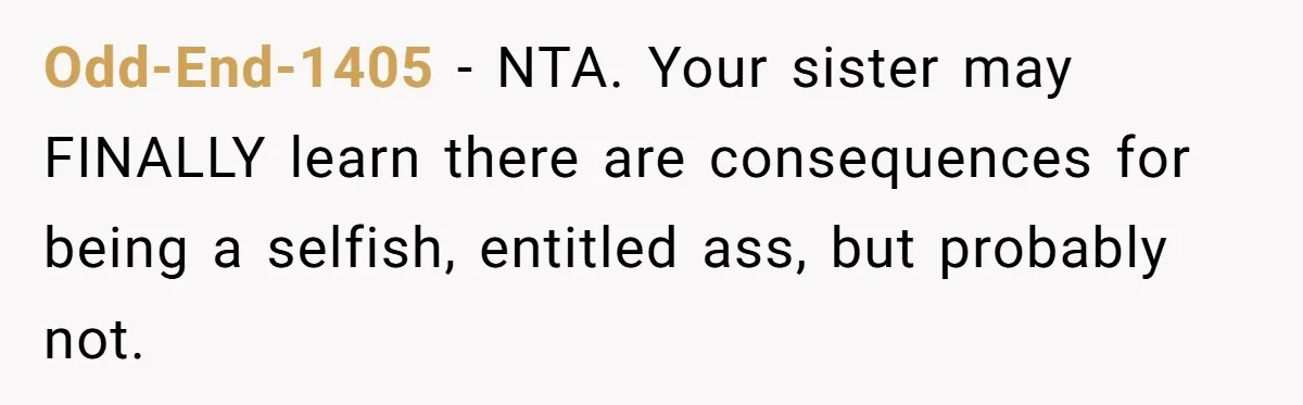 After Her Sister Refused To Help In An Emergency, She Calls Her Selfish And Cancels The Engagement Dinner Odd-End-1405 − NTA. Your sister may FINALLY learn there are consequences for being a selfish, entitled ass, but probably not.