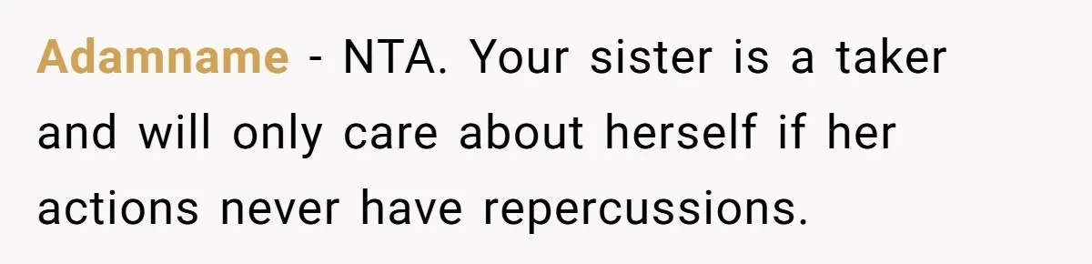 After Her Sister Refused To Help In An Emergency, She Calls Her Selfish And Cancels The Engagement Dinner Adamname − NTA. Your sister is a taker and will only care about herself if her actions never have repercussions.