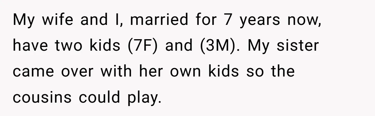 Ex-Wife Who Cheated Years Ago Wants Him In Her Last Months, Current Wife Understands My wife and I, married for 7 years now, have two kids (7F) and (3M). My sister came over with her own kids so the cousins could play.