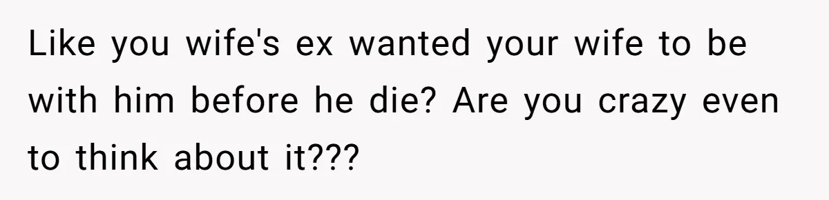 Ex-Wife Who Cheated Years Ago Wants Him In Her Last Months, Current Wife Understands Like you wife's ex wanted your wife to be with him before he die? Are you crazy even to think about it???