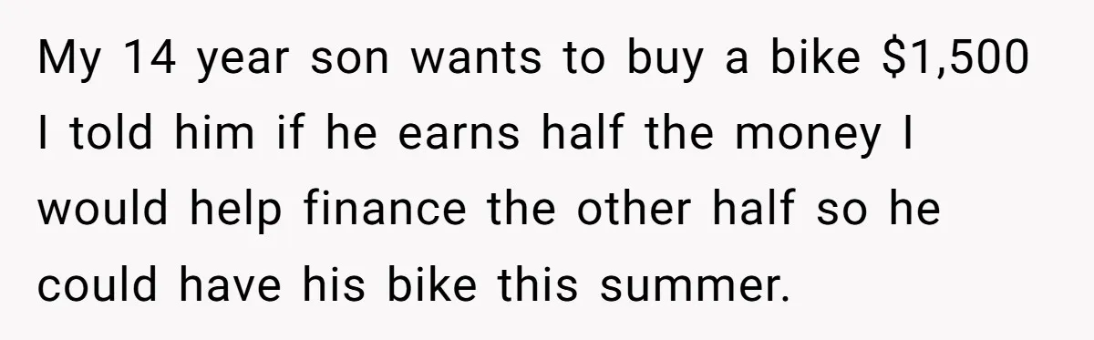 Divorced Mom Tells Son He Owes Nothing For Surprise Christmas Gift From Dad My 14 year son wants to buy a bike $1,500 I told him if he earns half the money I would help finance the other half so he could have...