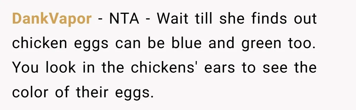 Office Baker Faces Fury After Sharing Snacks With Coworker Who Claims Strange 'Egg Allergy' DankVapor − NTA - Wait till she finds out chicken eggs can be blue and green too. You look in the chickens' ears to see the color of their eggs.
