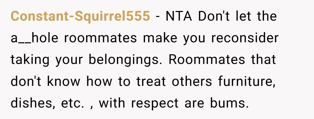 She Planned to Move Out Early and Take Her Furniture With Her, Now Her Roommates Say She “Owes” Them Constant-Squirrel555 − NTA Don't let the a__hole roommates make you reconsider taking your belongings. Roommates that don't know how to treat others furniture, dishes, etc. , with respect are bums.