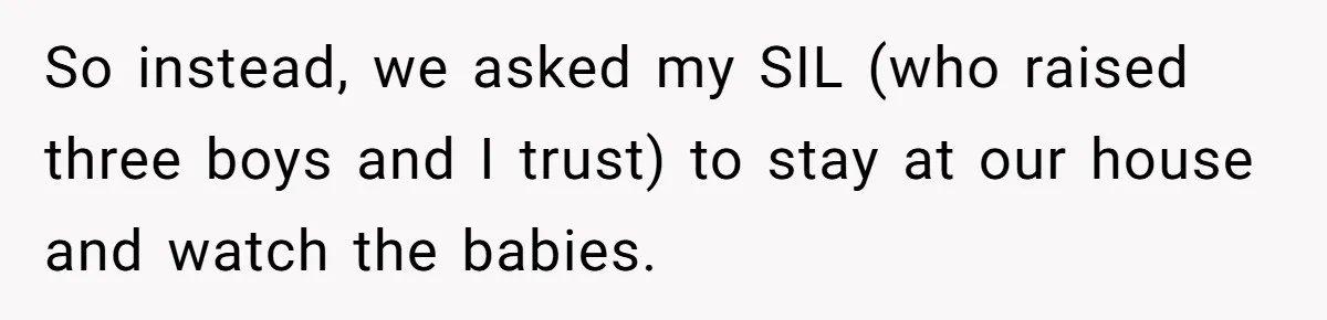 So instead, we asked my SIL (who raised three boys and I trust) to stay at our house and watch the babies.