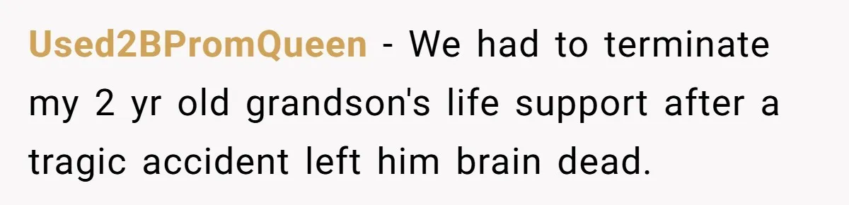 Her Husband Is Brain Dead, But She Can't Let Him Go—How Does She Find Peace? Used2BPromQueen − We had to terminate my 2 yr old grandson's life support after a tragic accident left him brain dead.
