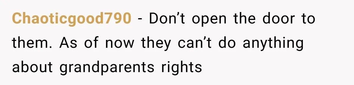 Man Cuts Off Parents Who Chose His Cheating Ex Over Him After New Baby Arrives Chaoticgood790 − Don’t open the door to them. As of now they can’t do anything about grandparents rights