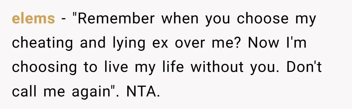 Man Cuts Off Parents Who Chose His Cheating Ex Over Him After New Baby Arrives elems − "Remember when you choose my cheating and lying ex over me? Now I'm choosing to live my life without you. Don't call me again". NTA.