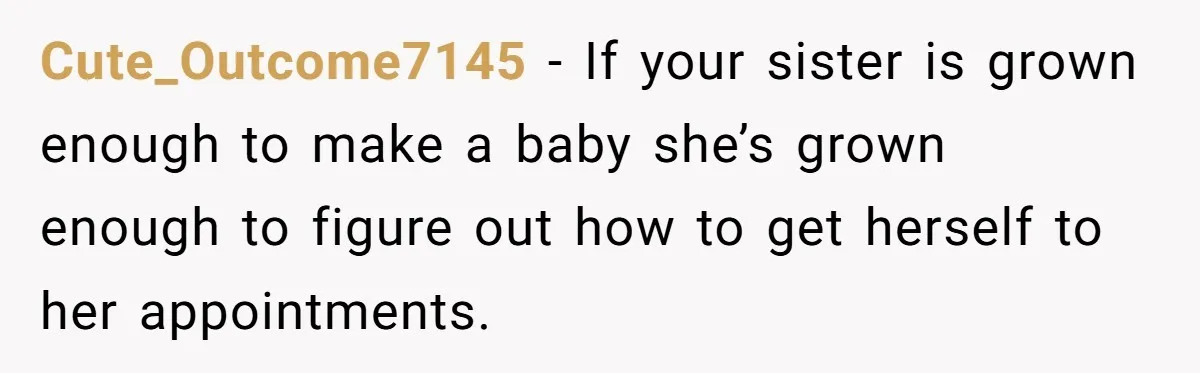 She Drove Her Pregnant Sister Everywhere, Until a Baby Shower Invite Drew the Line Cute_Outcome7145 − If your sister is grown enough to make a baby she’s grown enough to figure out how to get herself to her appointments.
