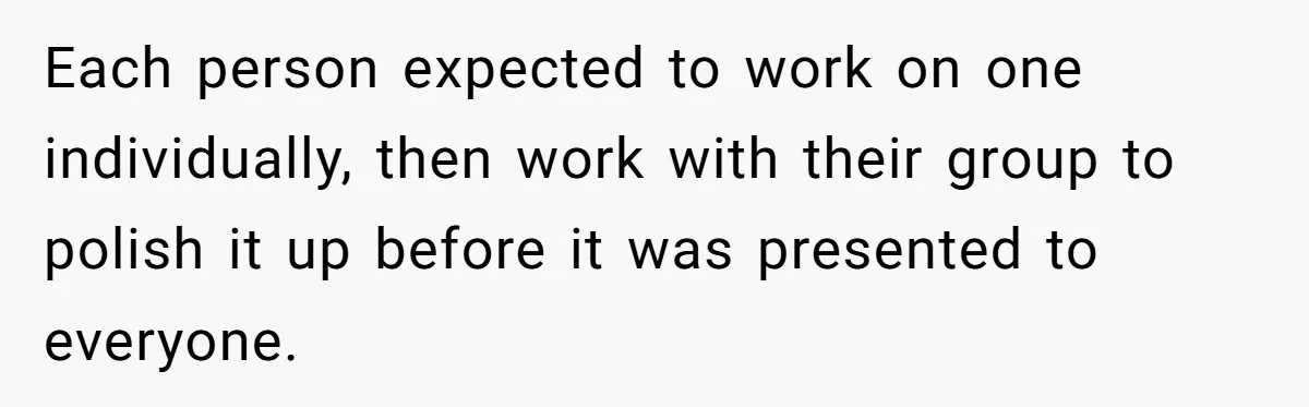 Man Loses His Job After Making A Joke About His Boss’s Daughter’s Drawing Each person expected to work on one individually, then work with their group to polish it up before it was presented to everyone.