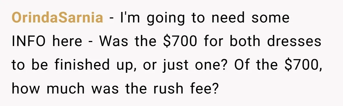 She Asked Her Tailor Friend to Help Pay for a Wedding Dress, and It Quietly Ended Their Friendship OrindaSarnia − I'm going to need some INFO here - Was the $700 for both dresses to be finished up, or just one? Of the $700, how much was the...