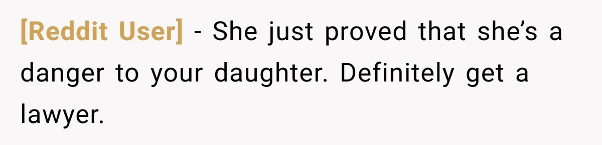 [Reddit User] − She just proved that she’s a danger to your daughter. Definitely get a lawyer.