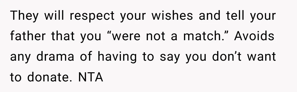 They will respect your wishes and tell your father that you “were not a match.” Avoids any drama of having to say you don’t want to donate. NTA