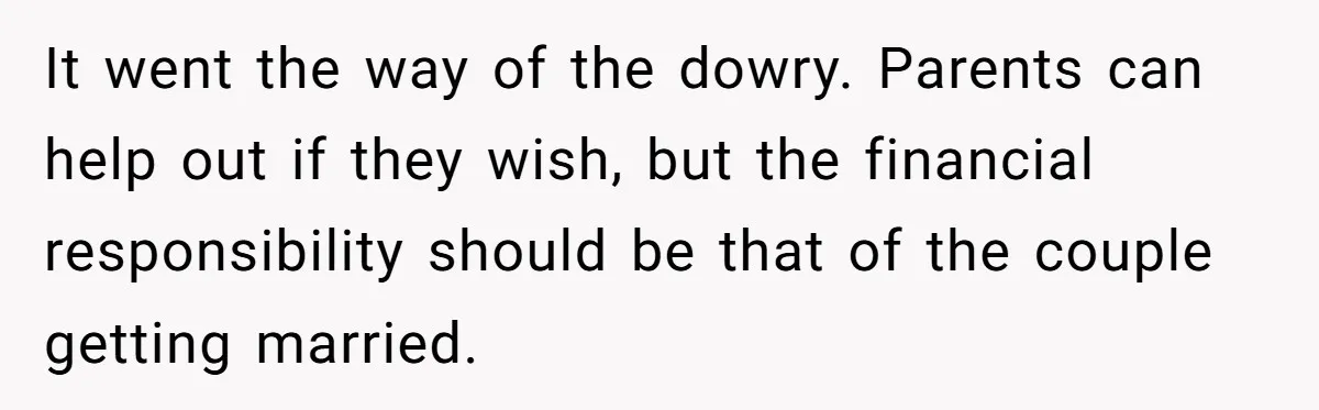It went the way of the dowry. Parents can help out if they wish, but the financial responsibility should be that of the couple getting married.