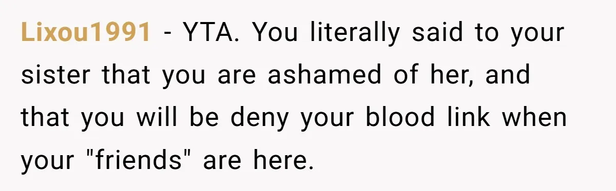Lixou1991 − YTA. You literally said to your sister that you are ashamed of her, and that you will be deny your blood link when your "friends" are here.