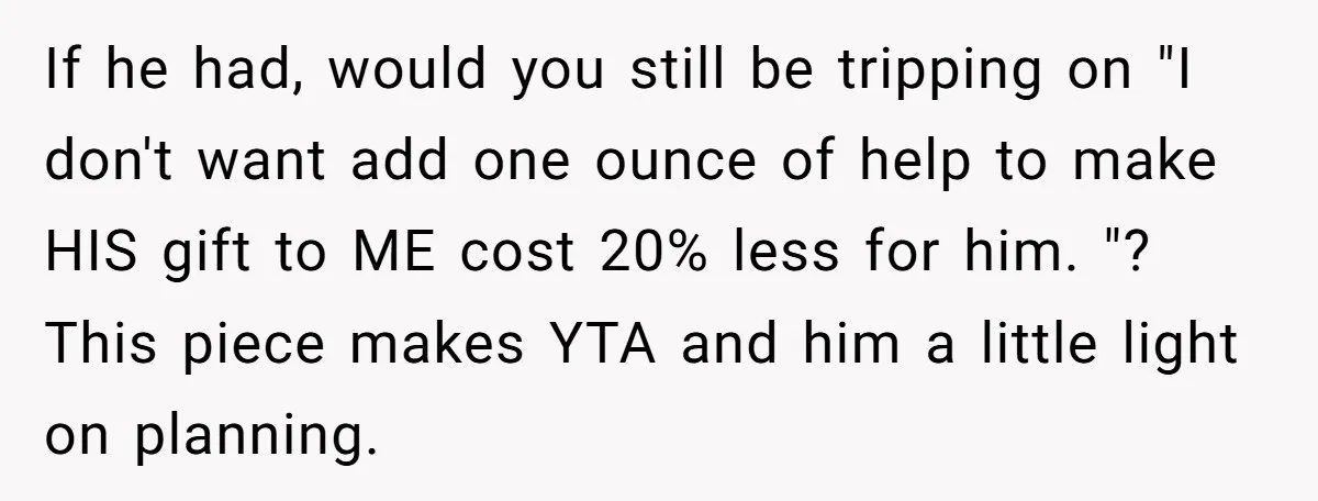 He Planned Her Birthday Getaway, Then Asked to Use Her Car, and It Sparked an Unexpected Fight If he had, would you still be tripping on "I don't want add one ounce of help to make HIS gift to ME cost 20% less for him. "? This...