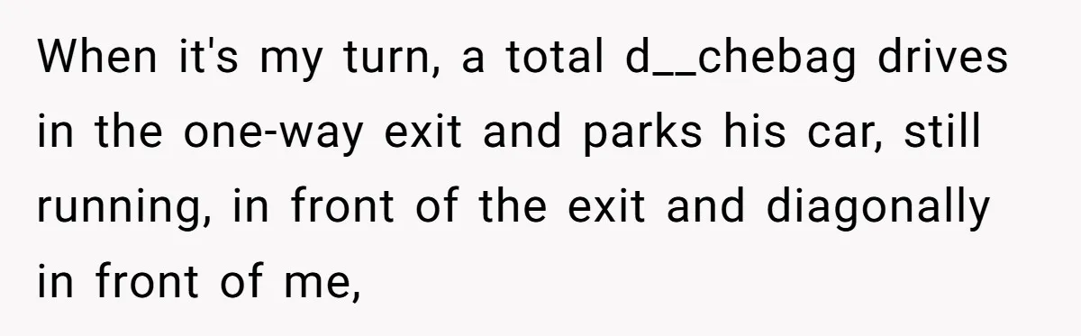 Rude Driver Blocks Gas Station Exit And Faces Instant Payback Moment When it's my turn, a total d__chebag drives in the one-way exit and parks his car, still running, in front of the exit and diagonally in front of me,