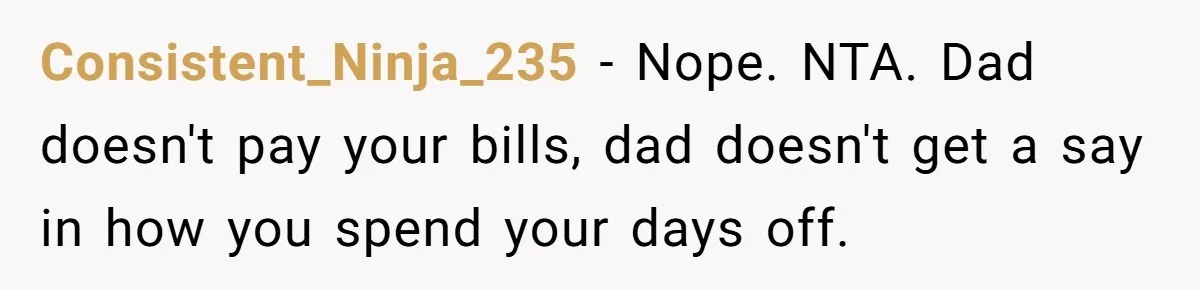 Mature Daughter Defends Her Right To Stay In Bed All Weekend Against Father's Criticism Consistent_Ninja_235 − Nope. NTA. Dad doesn't pay your bills, dad doesn't get a say in how you spend your days off.
