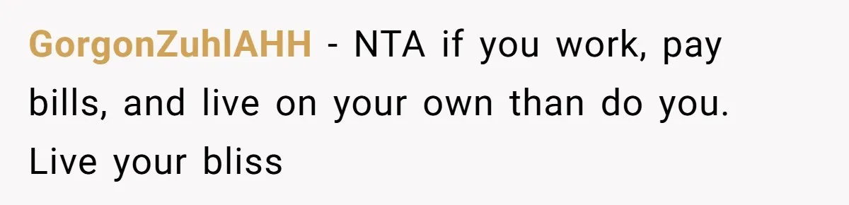 Mature Daughter Defends Her Right To Stay In Bed All Weekend Against Father's Criticism GorgonZuhlAHH − NTA if you work, pay bills, and live on your own than do you. Live your bliss