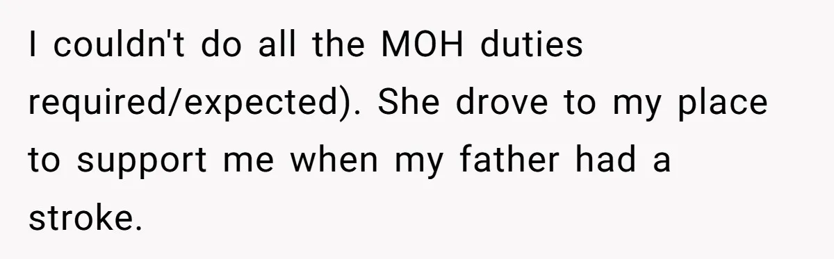 Woman Leaves Best Friend’s Birthday Party Early After Being Seated In The ‘B-List’ Room I couldn't do all the MOH duties required/expected). She drove to my place to support me when my father had a stroke.