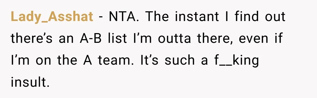 Woman Leaves Best Friend’s Birthday Party Early After Being Seated In The ‘B-List’ Room Lady_Asshat − NTA. The instant I find out there’s an A-B list I’m outta there, even if I’m on the A team. It’s such a f__king insult.