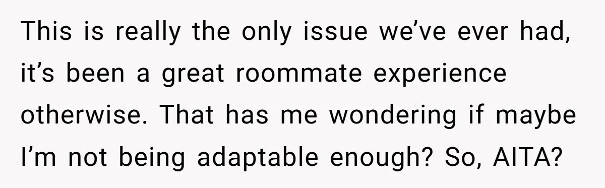This is really the only issue we’ve ever had, it’s been a great roommate experience otherwise. That has me wondering if maybe I’m not being adaptable enough? So, AITA?