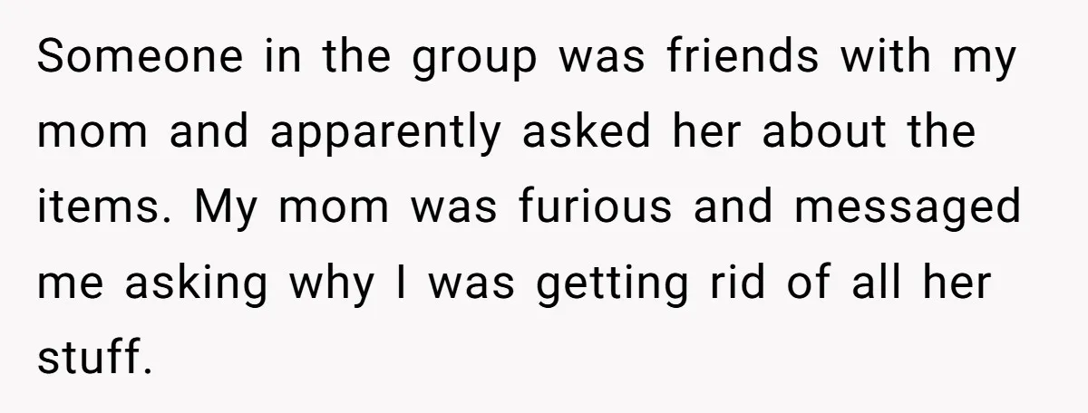Someone in the group was friends with my mom and apparently asked her about the items. My mom was furious and messaged me asking why I was getting rid of...