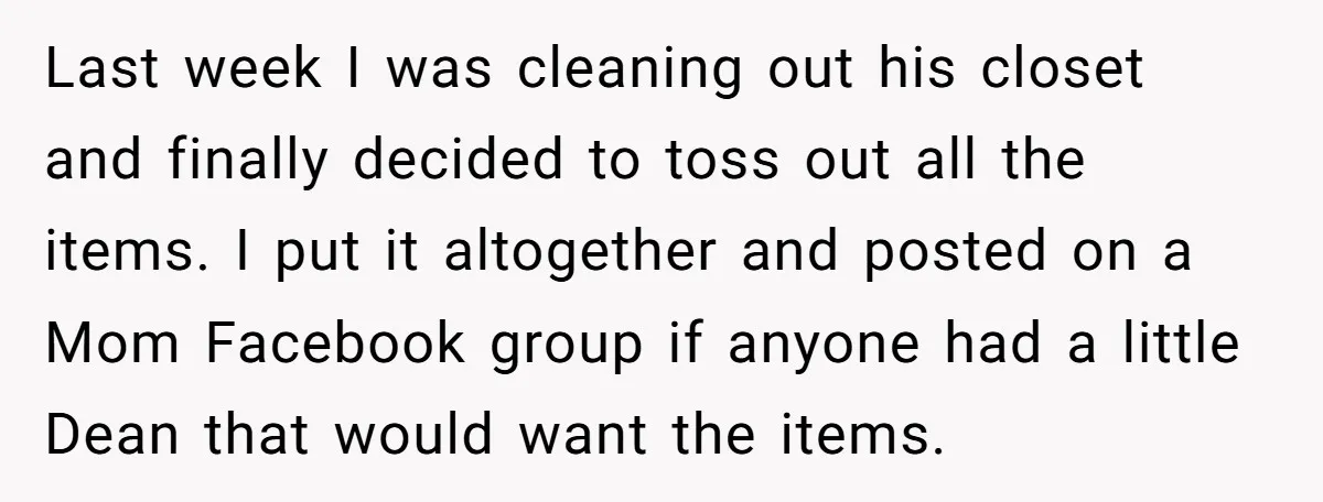 Last week I was cleaning out his closet and finally decided to toss out all the items. I put it altogether and posted on a Mom Facebook group if anyone...
