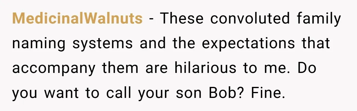 MedicinalWalnuts − These convoluted family naming systems and the expectations that accompany them are hilarious to me. Do you want to call your son Bob? Fine.