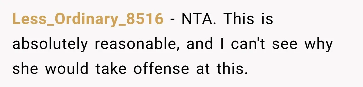Less_Ordinary_8516 − NTA. This is absolutely reasonable, and I can't see why she would take offense at this.