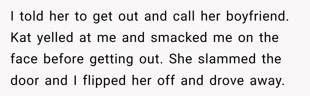 I told her to get out and call her boyfriend. Kat yelled at me and smacked me on the face before getting out. She slammed the door and I flipped...