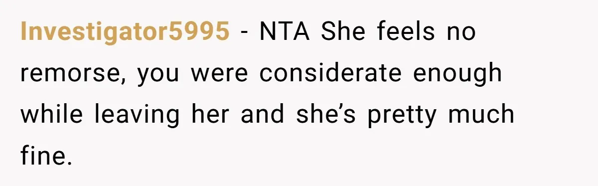 Investigator5995 − NTA She feels no remorse, you were considerate enough while leaving her and she’s pretty much fine.