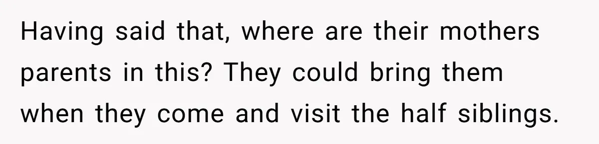 Having said that, where are their mothers parents in this? They could bring them when they come and visit the half siblings.