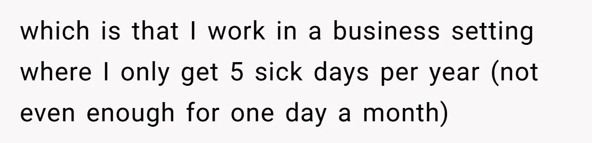 Woman Calls Out Society For Expecting Women To Work Through Period Pain which is that I work in a business setting where I only get 5 sick days per year (not even enough for one day a month)