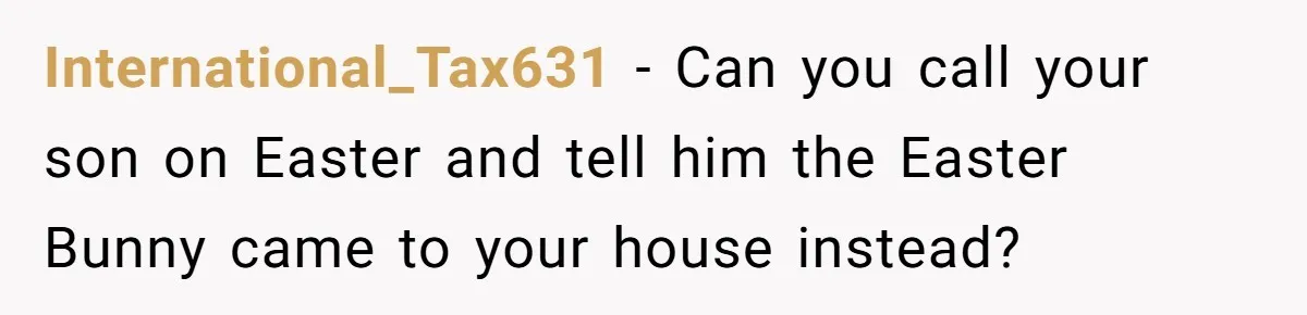 He Told Her to Pay for Their Son’s Easter Basket, or Pick Him Up Early, and She Refused International_Tax631 − Can you call your son on Easter and tell him the Easter Bunny came to your house instead?