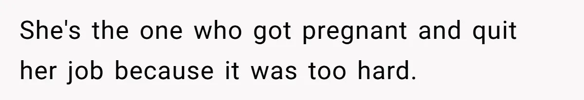 She's the one who got pregnant and quit her job because it was too hard.