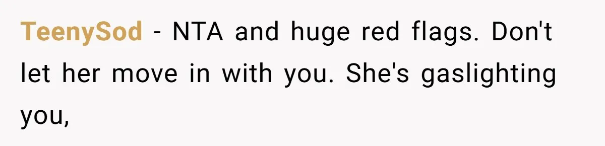 TeenySod − NTA and huge red flags. Don't let her move in with you. She's gaslighting you,