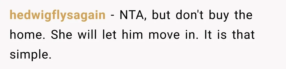 hedwigflysagain − NTA, but don't buy the home. She will let him move in. It is that simple.