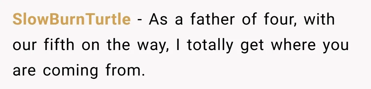 SlowBurnTurtle − As a father of four, with our fifth on the way, I totally get where you are coming from.